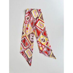 Vintage Pink Red Brown Retro Print Silk Twill 43" x 5" Head Scarf Twilly